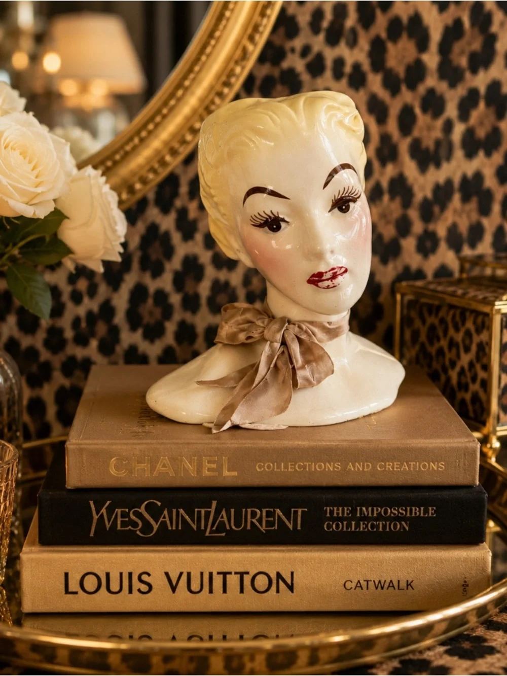 VTG MCM Deco Signed HORTON CERAMICS Head Vase Blonde Glamour Girl Original Scarf